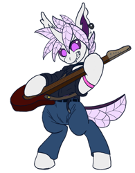 Size: 440x563 | Tagged: safe, artist:copycat, artist:silent-e, derpibooru import, oc, oc:elytra, oc:only, changedling, changeling, guitar, musical instrument, purple changeling, simple background, solo, transparent background, white changeling