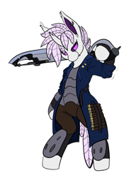 Size: 473x674 | Tagged: safe, artist:copycat, artist:silent-e, derpibooru import, oc, oc only, oc:elytra, oc:only, changedling, changeling, final fantasy, final fantasy xiv, gunblade, gunbreaker, purple changeling, simple background, solo, sword, transparent background, weapon, white changeling