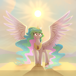Size: 5028x5028 | Tagged: safe, artist:renderpoint, derpibooru import, princess celestia, alicorn, pony, absurd resolution, backlighting, colored, crown, ethereal mane, ethereal tail, eyebrows, eyebrows visible through hair, eyelashes, female, hoof shoes, jewelry, large wings, lidded eyes, long mane, long tail, looking at you, mare, peytral, princess shoes, regalia, shading, solo, spread wings, starry mane, starry tail, sun, tail, transparent mane, transparent tail, wings