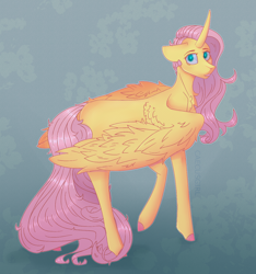 Size: 1198x1282 | Tagged: safe, artist:caecusgirl, derpibooru import, fluttershy, alicorn, pony, alicornified, chest fluff, colored hooves, ears, female, floppy ears, fluttercorn, looking at you, mare, missing cutie mark, race swap, solo