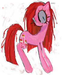 Size: 599x722 | Tagged: safe, artist:dddddaxie998839, derpibooru import, pinkie pie, earth pony, pony, colored eyelashes, elements of insanity, female, gray sclera, head turn, mare, pinkis cupcake, simple background, smiling, solo, standing, teal eyes, white background
