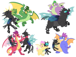 Size: 1920x1456 | Tagged: safe, artist:aleximusprime, derpibooru import, spike, oc, oc:barb the dragon, oc:buttercream the dragon, oc:scorch the dragon, oc:singe the dragon, changeling, dragon, fanfic:my big fat pink wedding, flurry heart's story, asphyxiation, bear hug, belly bounce, butt, chunkling, dragon oc, dragoness, eye bulging, eyes closed, fangs, fat, fat spike, female, fight, grin, gritted teeth, horn, horn grab, hug, kick, male, non-pony oc, older, older spike, one eye closed, open mouth, plot, punch, rearing, simple background, smiling, spike's family, spread wings, squeezing, strangling, teeth, tongue, tongue out, transparent background, wings