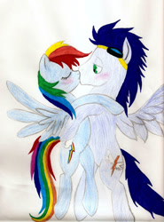 Size: 750x1013 | Tagged: safe, artist:shadowgirl98, derpibooru import, rainbow dash, soarin', pegasus, pony, female, kiss on the lips, kissing, male, mare, shipping, soarindash, stallion, straight, traditional art