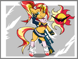 Size: 1280x985 | Tagged: safe, artist:sallycars, derpibooru import, sunset shimmer, pony, unicorn, belt, bikini, bikini top, bipedal, boots, clothes, cosplay, costume, crossover, female, grin, gun, hoof on face, kamina sunglasses, looking at you, mare, ms paint, shoes, shorts, smiling, solo, sunglasses, sunset shimmer day, swimsuit, tengen toppa gurren lagann, weapon, yoko littner