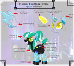 Size: 900x805 | Tagged: safe, artist:mlpdarksparx, derpibooru import, oc, oc only, earth pony, original species, pony, closed species, clothes, colored eyelashes, colored pupils, disembodied head, female, floating wings, glass, glowing, glowing eyes, golden eyes, green eyes, grin, guide, horn, mare, musical fountain pony, ponytail, reference sheet, see-through, short tail, smiling, solo, sparkly mane, sparkly tail, standing, tail, text, transparent, wings, wires