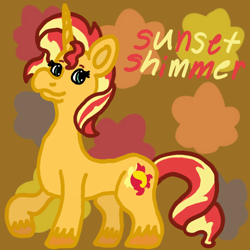 Size: 1000x1000 | Tagged: safe, artist:mintwhistle, derpibooru import, sunset shimmer, pony, unicorn, g4, abstract background, autumn, colored hooves, female, leaves, looking back, mare, medibang paint, raised hoof, raised leg, smiling, solo, sunset day, sunset shimmer day, text, unshorn fetlocks