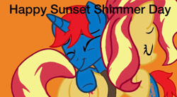 Size: 828x455 | Tagged: safe, artist:ry-bluepony1, derpibooru import, sunset shimmer, oc, oc:train track, pony, unicorn, eyes closed, female, hug, male, mare, stallion, sunset shimmer day