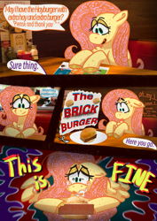 Size: 1331x1880 | Tagged: safe, artist:fluttersharpi, derpibooru import, fluttershy, pegasus, pony, burger, comic, cute, cute little fangs, fangs, food, real life background