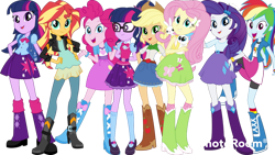 Size: 1280x720 | Tagged: safe, artist:cutler1228, derpibooru import, applejack, fluttershy, pinkie pie, rainbow dash, rarity, sci-twi, sunset shimmer, twilight sparkle, equestria girls, belt, boots, clothes, cowboy, cowboy hat, hat, high heel boots, humane five, humane seven, humane six, shirt, shoes, simple background, skirt, socks, transparent background, twolight