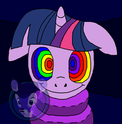 Size: 587x600 | Tagged: safe, artist:genesis-wolf-leon, derpibooru import, twilight sparkle, twilight sparkle (alicorn), alicorn, pony, coiling, coils, ears, floppy ears, hypno eyes, hypnolight sparkle, hypnosis, hypnotized, kaa eyes, obtrusive watermark, octoplush, smiling, solo, story included, watermark