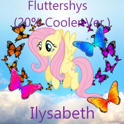 Size: 850x850 | Tagged: safe, artist:aaliyah_rosado, artist:ilysabeth, artist:user15432, derpibooru import, fluttershy, bee, butterfly, insect, pegasus, pony, g4, album, album cover, blue sky, cloud, flying, smiling, solo, sun
