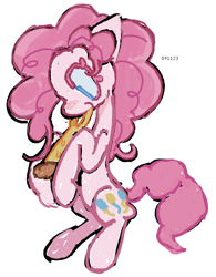 Size: 602x771 | Tagged: safe, artist:dddddaxie998839, derpibooru import, pinkie pie, earth pony, pony, blue eyes, cheese, closed mouth, colored eyelashes, eating, food, looking at something, pizza, simple background, sitting, smiling, solo, vegan, white background