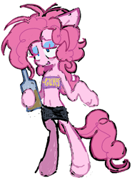 Size: 673x909 | Tagged: safe, artist:dddddaxie998839, derpibooru import, pinkie pie, earth pony, pony, .mov, alcohol, bags under eyes, belly button, bipedal, bottle, clothes, colored eyelashes, drink, eyeshadow, female, lidded eyes, makeup, mare, miniskirt, party.mov, pony.mov, simple background, skirt, solo, tube top, vulgar, white background