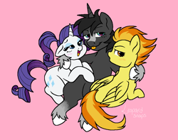 Size: 969x765 | Tagged: safe, artist:leopardsnaps, derpibooru import, rarity, spitfire, oc, oc:nathan, pegasus, pony, unicorn, g4, :p, alternate hairstyle, bedroom eyes, blushing, canon x oc, cuddling, digital art, female, love, male, mare, ms paint, nathan gets all the mares, polyamory, shipping, smug, stallion, straight, tongue, tongue out, trio, waifu