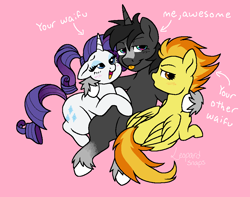 Size: 969x765 | Tagged: safe, alternate version, artist:leopardsnaps, derpibooru import, rarity, spitfire, oc, oc:nathan, pegasus, pony, unicorn, g4, :p, bedroom eyes, blushing, canon x oc, cuddling, digital art, female, love, male, mare, meme, ms paint, nathan gets all the mares, pink background, polyamory, self insert, shipping, simple background, smug, stallion, straight, text, tongue, tongue out, trio, waifu, waifu thief