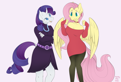 Size: 3697x2500 | Tagged: safe, artist:leopardsnaps, artist:teddytheblue, derpibooru import, fluttershy, rarity, anthro, pegasus, unicorn, g4, belt, breasts, choker, clothes, dress, duo, ear piercing, earring, female, hootershy, jewelry, leggings, necklace, pearl necklace, piercing, raritits, tight clothing, tights