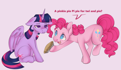 Size: 3500x2032 | Tagged: safe, artist:leopardsnaps, artist:teddytheblue, derpibooru import, pinkie pie, twilight sparkle, twilight sparkle (alicorn), alicorn, earth pony, pony, g4, annoyed, dialogue, duo, ears, female, floppy ears, food, happy, mare, no pupils, pi, pie, pink background, pun, simple background, text, twilight sparkle is not amused, unamused