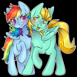 Size: 3000x3000 | Tagged: safe, artist:leopardsnaps, derpibooru import, lightning dust, rainbow dash, pegasus, pony, g4, black background, blushing, colored pupils, duo, female, lesbian, looking at each other, looking at someone, rainbowdust, shipping, simple background