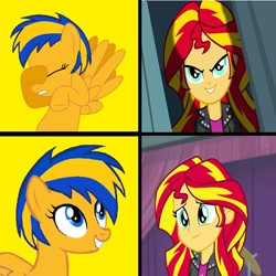 Size: 1296x1296 | Tagged: safe, artist:mlpfan3991, derpibooru import, sunset shimmer, oc, oc:flare spark, human, pony, equestria girls, equestria girls (movie), rainbow rocks, evil, hotline bling, meme, smiling