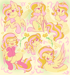 Size: 2800x3000 | Tagged: safe, artist:leopardsnaps, derpibooru import, oc, oc only, oc:golden rose, alicorn, pegasus, pony, :o, :p, abstract background, blush lines, blushing, clothes, colored wings, ears, expressions, eye clipping through hair, eyebrows, eyebrows visible through hair, female, filly, floppy ears, foal, heart, looking at you, looking away, mare, one eye closed, open mouth, shy, sitting, socks, solo, tongue, tongue out, tsundere, wings, wink, winking at you