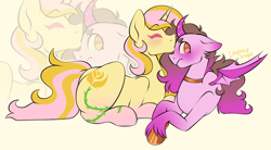 Size: 3000x1654 | Tagged: safe, artist:leopardsnaps, derpibooru import, oc, oc only, oc:golden rose, alicorn, bat pony, bat pony alicorn, pony, unicorn, bat wings, blushing, choker, curved horn, duo, duo female, extended cutie mark, eyes closed, female, forehead kiss, gradient hooves, grumpy, horn, jewelry, kissing, leg cutie mark, lesbian, necklace, oc x oc, shipping, shy, simple background, tsundere, unshorn fetlocks, wings, yellow background, zoom layer