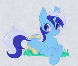 Size: 2500x2100 | Tagged: safe, artist:leopardsnaps, derpibooru import, minuette, pony, unicorn, g4, :3, both cutie marks, female, grass, looking away, lying down, mare, simple background, solo