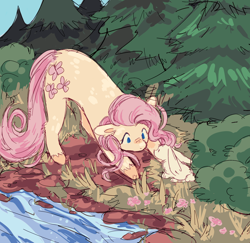 Size: 1902x1849 | Tagged: safe, artist:izzypaw, derpibooru import, angel bunny, fluttershy, earth pony, pony, rabbit, animal, cute, duo, earth pony fluttershy, flower, forest, grass, looking at each other, looking at someone, race swap, river, shyabetes, signature, stream, water