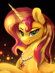 Size: 1800x2400 | Tagged: safe, artist:darksly, derpibooru import, sunset shimmer, pony, unicorn, bust, cutie mark accessory, cutie mark necklace, female, jewelry, mare, necklace, portrait, signature, smiling, solo