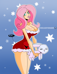 Size: 2550x3300 | Tagged: safe, artist:chillguydraws, derpibooru import, angel bunny, fluttershy, human, rabbit, angel bunny is not amused, animal, big breasts, big lips, breasts, cleavage, clothes, dress, duo, duo male and female, female, gradient background, high res, hootershy, humanized, looking at you, male, santa dress, smiling, smiling at you, snow, snowflake, unamused, wasp waist, wide hips