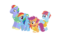 Size: 1169x733 | Tagged: artist needed, safe, artist:selenaede, derpibooru import, bow hothoof, rainbow dash, scootaloo, windy whistles, pegasus, pony, adopted, adopted offspring, clothes, dyed mane, family, female, filly, foal, headcanon in the description, jacket, male, mare, rainbow dash's parents, scootadoption, scootalove, simple background, stallion, white background