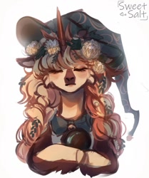 Size: 903x1080 | Tagged: safe, artist:sweetsa1t, derpibooru import, oc, oc only, pony, unicorn, bust, clothes, eyes closed, female, floral head wreath, flower, hat, simple background, solo, white background, witch hat