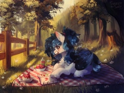 Size: 1280x960 | Tagged: safe, artist:sweetsa1t, derpibooru import, oc, oc only, pegasus, pony, book, bowl, cake, cake slice, colored wings, commission, drawing, drink, ear fluff, ears, female, fence, food, forest, glasses, hair tie, lying down, mare, multicolored wings, notebook, outdoors, pegasus oc, picnic, picnic blanket, plate, prone, round glasses, solo, strawberry, tree, unshorn fetlocks, wings