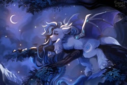 Size: 1280x857 | Tagged: safe, artist:sweetsa1t, derpibooru import, oc, oc only, hybrid, pony, bat wings, crescent moon, horns, hybrid oc, in a tree, lying down, moon, mountain, night, outdoors, prone, solo, stars, tree, tree branch, unshorn fetlocks, wings