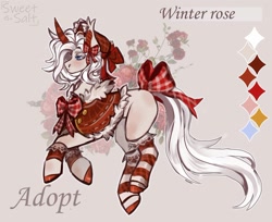 Size: 1280x1045 | Tagged: safe, artist:sweetsa1t, derpibooru import, oc, oc only, oc:winter rose, unicorn, adoptable, bow, cape, clothes, curved horn, horn, socks, solo, striped socks, tail, tail bow