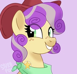 Size: 2048x1978 | Tagged: safe, artist:slushpony, derpibooru import, oc, oc only, oc:quickdraw, bust, clothes, commissioner:dhs, cowboy hat, freckles, hat, looking at you, portrait, purple background, purple mane, scarf, sheriff's badge, simple background, smiling, solo, stetson, two toned mane