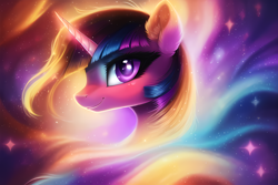 Size: 3072x2048 | Tagged: safe, ai content, derpibooru import, generator:novelai, generator:stable diffusion, machine learning generated, twilight sparkle, unicorn twilight, pony, unicorn, abstract, abstract background, blushing, bust, cute, female, high res, mare, portrait, prompter:endless--, smiling, solo, stars