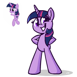 Size: 800x800 | Tagged: safe, artist:whateverbender, derpibooru import, twilight sparkle, pony, adorawat, cursed image, cute, female, grin, hooves on hips, mare, simple background, smiling, solo, twiabetes, wat, white background