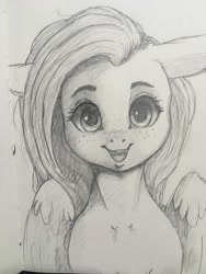 Size: 1536x2048 | Tagged: safe, artist:miokomata, derpibooru import, fluttershy, pegasus, pony, cute, ears, female, floppy ears, freckles, freckleshy, looking at you, mare, pencil drawing, shyabetes, smiling, smiling at you, solo, traditional art