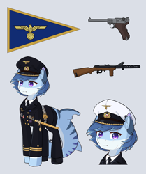 Size: 3232x3872 | Tagged: safe, derpibooru import, oc, oc only, oc:v.piper, original species, shark, shark pony, clothes, erma emp, germany, gray background, gun, handgun, kriegsmarine, luger, navy, pistol, simple background, solo, submachinegun, uniform, weapon, world war ii