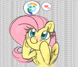 Size: 1618x1393 | Tagged: safe, artist:lbrcloud, derpibooru import, fluttershy, rainbow dash, pegasus, pony, blush lines, blushing, cute, female, flutterdash, grin, heart, hoof on cheek, lesbian, mare, shipping, shyabetes, smiling, solo, text