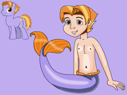 Size: 1013x760 | Tagged: safe, artist:ocean lover, derpibooru import, auburn vision, earth pony, human, mermaid, pony, amber eyes, background human, background pony, bare shoulders, belly, belly button, fins, friendship student, golden eyes, handsome, human coloration, humanized, lavender background, light skin, looking at you, male, merboy, merman, mermanized, ms paint, pose, reference, simple background, sitting, sleeveless, smiling, smiling at you, solo, species swap, tail, tail fin, teenager, two toned hair