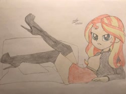 Size: 2048x1536 | Tagged: safe, artist:gibsterboy5, derpibooru import, sunset shimmer, human, equestria girls, boots, clothes, high heel boots, looking at you, lying down, microskirt, miniskirt, shoes, signature, skirt, socks, sunset shimmer day, sweater, thigh boots, thigh highs, trace, traditional art