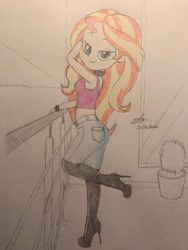 Size: 1536x2048 | Tagged: safe, artist:gibsterboy5, derpibooru import, sunset shimmer, human, equestria girls, balcony, boots, clothes, denim, high heel boots, jeans, looking at you, pants, paper, plant, railing, raised leg, shoes, signature, sunset shimmer day, tanktop, trace, traditional art, window