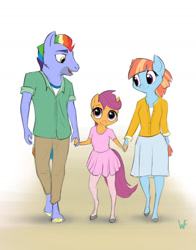 Size: 1280x1629 | Tagged: safe, artist:wulfruna, derpibooru import, bow hothoof, scootaloo, windy whistles, anthro, adopted, adopted offspring, ballerina, clothes, family, female, holding hands, male, scootadoption, scootalove, scootarina, skirt, smiling, trio