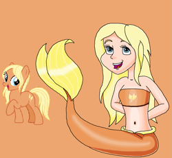 Size: 951x874 | Tagged: safe, artist:ocean lover, derpibooru import, amber grain, earth pony, human, mermaid, pony, arm behind back, background human, background pony, bandeau, bare midriff, bare shoulders, beautiful, belly, belly button, blonde, blonde hair, blue eyes, cheerful, clothes, curvy, cutie mark on clothes, fins, fish tail, friendship student, hourglass figure, human coloration, humanized, innocent, light skin, long hair, looking up, mermaid tail, mermaidized, midriff, ms paint, open mouth, open smile, orange background, orange tail, pose, pretty, reference, simple background, sitting, sleeveless, smiling, species swap, tail, tail fin, teenager