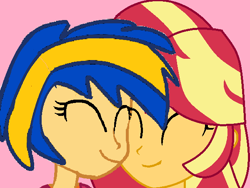 Size: 600x451 | Tagged: safe, artist:mlpfan3991, derpibooru import, sunset shimmer, oc, oc only, oc:flare spark, equestria girls, eyes closed, female, flareset, lesbian, smiling, this will end in kisses