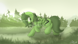 Size: 1920x1080 | Tagged: safe, artist:ricy, derpibooru import, oc, oc:anon filly, oc:anon stallion, oc:anon-mare, earth pony, pony, crepuscular rays, female, filly, foal, forest, grass, looking at each other, looking at someone, macro, male, mare, micro, mountain, raised hoof, raised leg, singing, size difference, smaller male, stallion, tail, walking