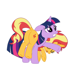 Size: 1985x2051 | Tagged: safe, artist:gmaplay, derpibooru import, sunset shimmer, twilight sparkle, alicorn, pony, unicorn, equestria girls, bunset shimmer, butt, dock, plot, simple background, sunset shimmer day, tail, transparent background, unconscious