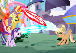 Size: 4185x2900 | Tagged: safe, artist:gmaplay, derpibooru import, chestnut magnifico, lily pad (equestria girls), starlight glimmer, sunset shimmer, comic:the tale of two sunsets, equestria girls, blast, duel, fight, magic, magic beam, magic blast, tribute