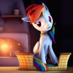 Size: 2160x2160 | Tagged: safe, artist:psfmer, derpibooru import, rainbow dash, pegasus, pony, 3d, collar, ears, female, fire, fireplace, floppy ears, head tilt, looking at you, mare, one ear down, open mouth, pet bed, pet tag, solo, source filmmaker, unshorn fetlocks